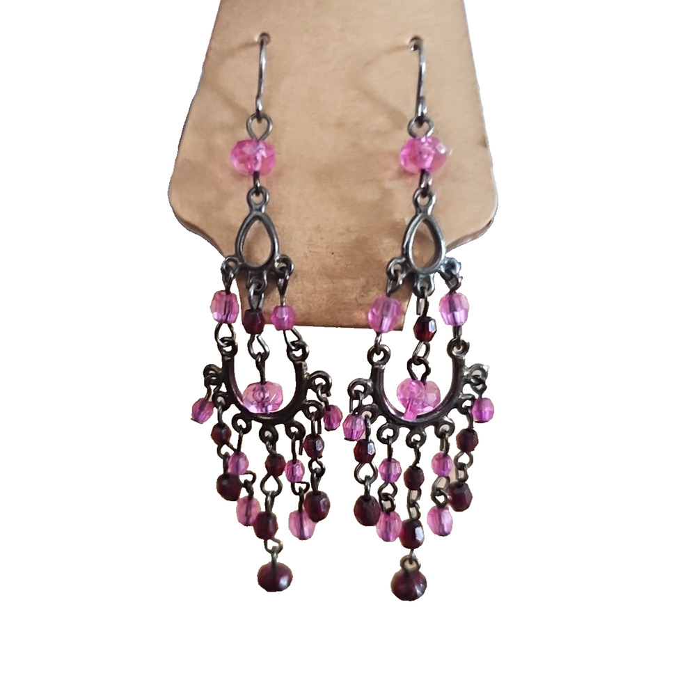 Boho Black And Purple Drop & Dangle Wire Pierced Earrings 3" Drop Gypsy